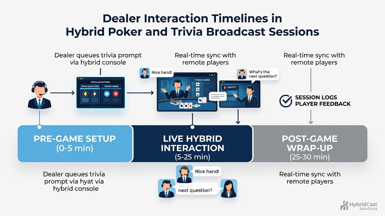 Timeline diagram showing dealer actions synced with trivia prompts in a broadcast setting